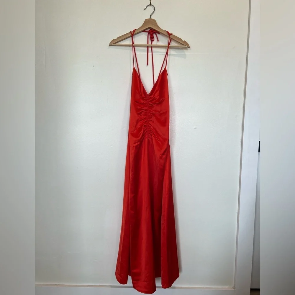 Jason Wu NWT Orange Strappy Ruched Plunge Neckline Midi Slip Dress Size Large - Picture 10 of 10